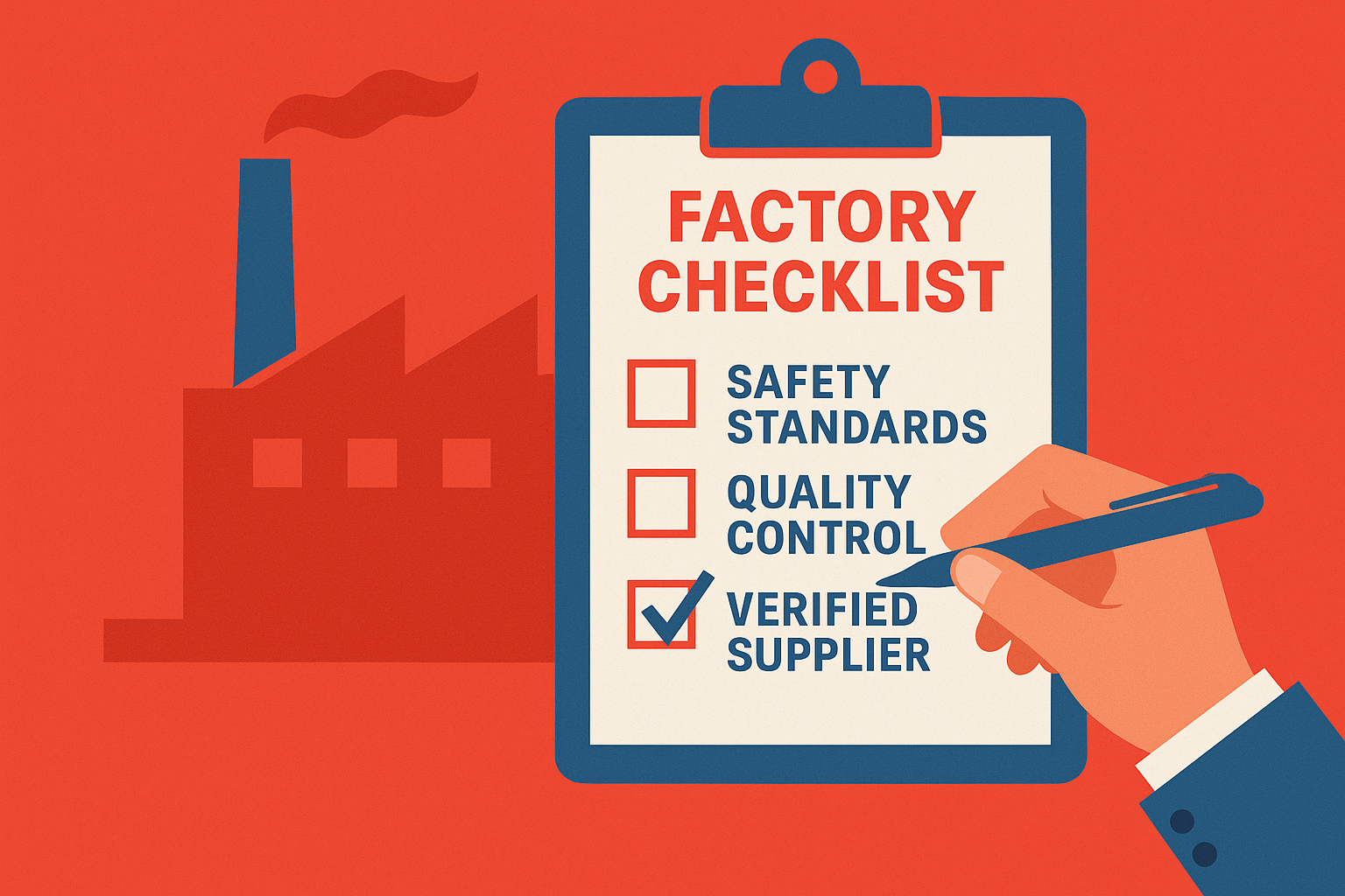 Factory checklist and a businessperson’s hand ticking