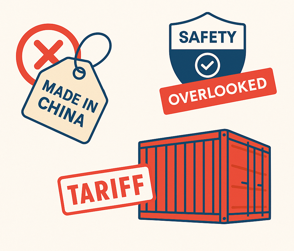 country-of-origin label, safety certification badge, and a tariff stamp on a shipping container