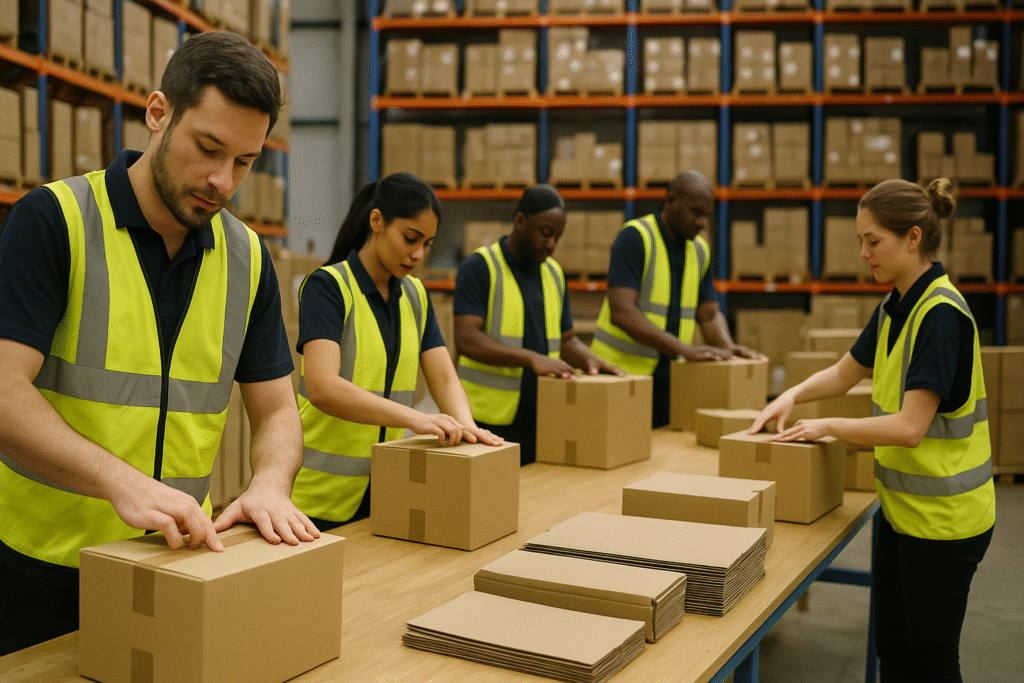 Warehouse staff assembling packages for shipment